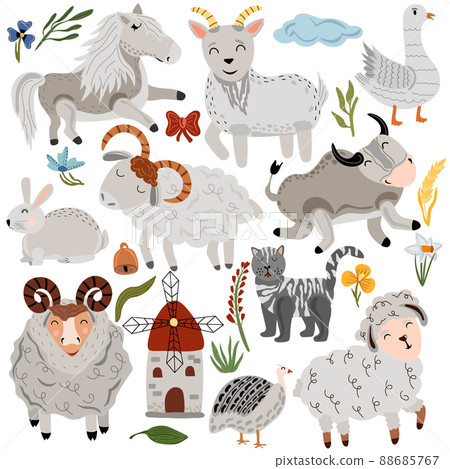 Farm with pets, cat, goose, sheep, pony, goat, bull. Cute animals in pastel colors. Village farm animals on white background. Boho animals. Vector illustration 88685767
