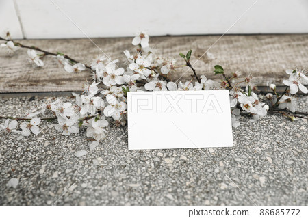 Wedding feminine spring styled stock photo. Business mockup card scene with white cherry tree blossoms. Textured terrazzo flooring. Selective focus, blurred door background. Front view. 88685772