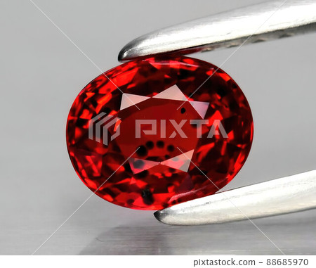 Natural gemstone red ruby in tongs on a gray background 88685970
