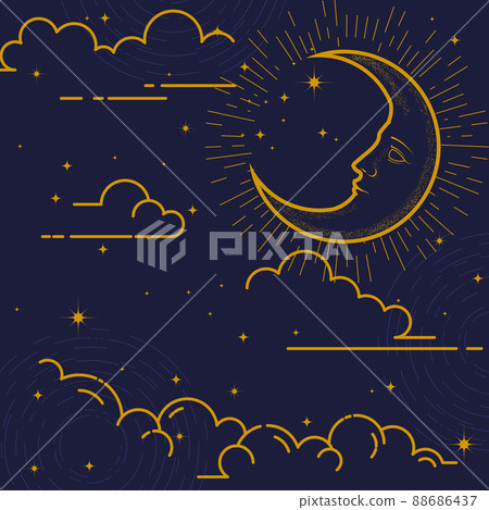Magic background with constellations, crescent, clouds and stars, mystical esoteric design of packaging, astrology moon, vector 88686437