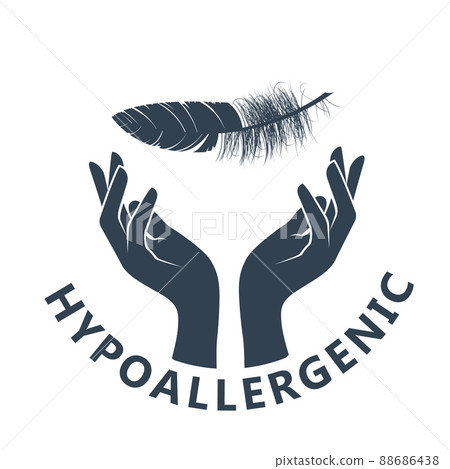 Hypoallergenic tested products logo, label for dermatology safe goods, hands and feather, sensitive skin care, vector 88686438