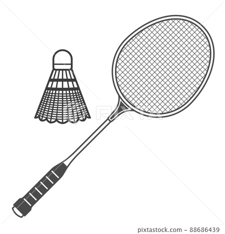 Badminton racquet and shuttlecock, badminton ball with feather and rocket, emblem, vector 88686439