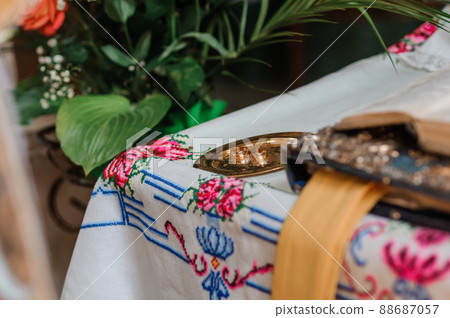 Wedding decoration in the church, crowns, wedding rings. Traditions Wedding decoration in the church, crowns, wedding rings. Traditions 88687057