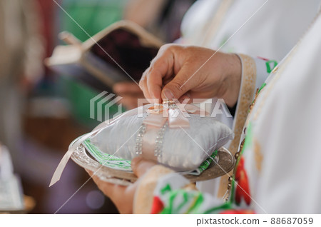 Wedding decoration in the church, crowns, wedding rings. Traditions Wedding decoration in the church, crowns, wedding rings. Traditions 88687059
