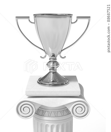 Silver trophy cup on an antique column in greek style 3D illustration Silver trophy cup on an antique column in greek style 3D illustration 88687521