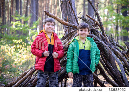 Two sibling brothers boys In the spring or autumn pine forest pl 88688062