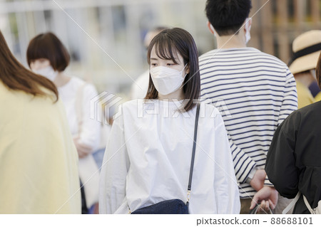 A woman wearing a mask and walking in a crowd A woman wearing a mask and walking in a crowd 88688101