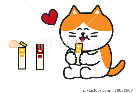Illustration of a cat happily holding a paste-like snack and licking it 88688507