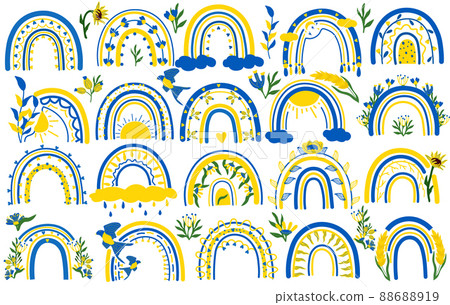 Collection rainbows with hearts, flowers, leaves, cloud, bird in yellow and blue colors. Scandinavian style. This clipart is suitable for printing posters, bags, postcards and other. Vector 88688919