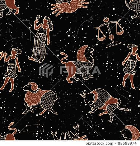 Seamless pattern with zodiac signs. Vector illustration. Starry sky. 88688974