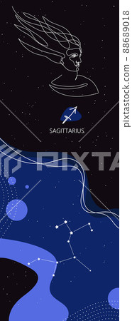 Zodiac background. Constellation Sagittarius. Vertical banner. One line. 88689018