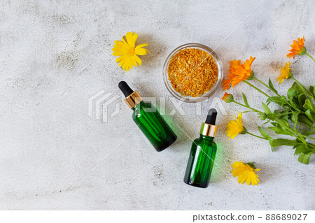 Herbal cosmetics with calendula flowers. Natural organic moisturizer cleansing product. 88689027