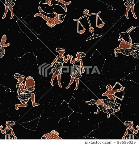 Seamless pattern with zodiac signs. Vector illustration. Starry sky. Zodiac constellations. 88689029