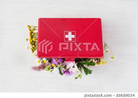 Fresh medical herbs in red first aid kit. Alternative medicine concept. Fresh medical herbs in red first aid kit. Alternative medicine concept. 88689034