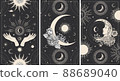 The face of moon, magic hands, planets and flowers. Tarot card, astrological illustration. 88689040