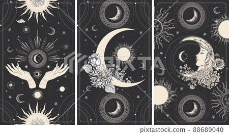 The face of moon, magic hands, planets and flowers. Tarot card, astrological illustration. 88689040