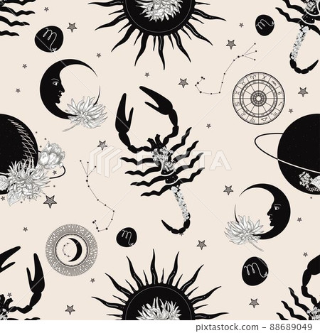 Zodiac constellation Scorpio. Seamless pattern. The zodiac constellation Pisces. Seamless pattern. Zodiac constellation Scorpio. Seamless pattern. The zodiac constellation Pisces. Seamless pattern. 88689049