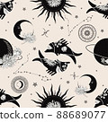Sun, crescent, planets and flowers. The zodiac constellation Pisces. Seamless pattern. 88689077