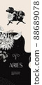 Zodiac sign Aries. Black silhouette with white flowers. Vertical background with zodiac constellations. 88689078