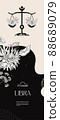 Zodiac sign Libra. Black silhouette with white flowers. Vertical background with zodiac constellations. 88689079