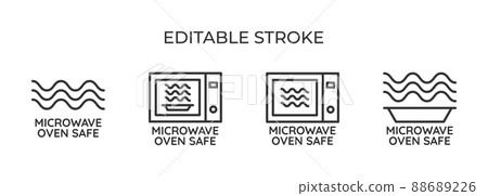 Microwave safe. For packaging or labeling, the suitability of the cookware for heating and cooking. Set of linear icons. Vector illustration. Microwave safe. For packaging or labeling, the suitability of the cookware for heating and cooking. Set of linear icons. Vector illustration. 88689226