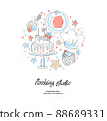 Culinary products and cooking utensils. Cupcakes, plates, spoons, cook hat. 88689331