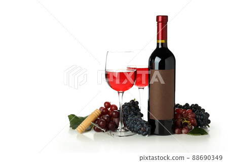 Glasses and bottle of wine, grape and corkscrew isolated on white background Glasses and bottle of wine, grape and corkscrew isolated on white background 88690349