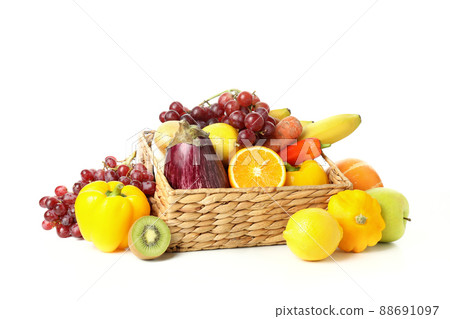 Basket with vegetables and fruits isolated on white background 88691097
