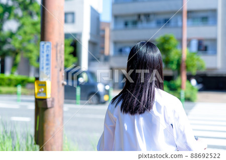 A high school girl who goes to school by bicycle waiting for a traffic light, back view, residential area, urban area, beautiful fresh green A high school girl who goes to school by bicycle waiting for a traffic light, back view, residential area, urban area, beautiful fresh green 88692522