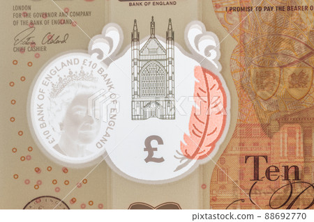 See-through window with Queen's portrait. Security on 10 Pound sterling (GBP) banknote. 88692770