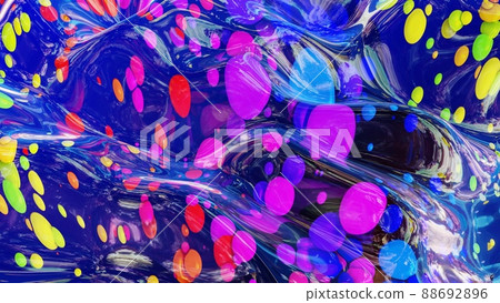 abstract background of shiny glossy surface like wavy blue liquid with rainbow color circles like drops of paint in oil. Beautiful creative background with color gradient. 3d render 88692896
