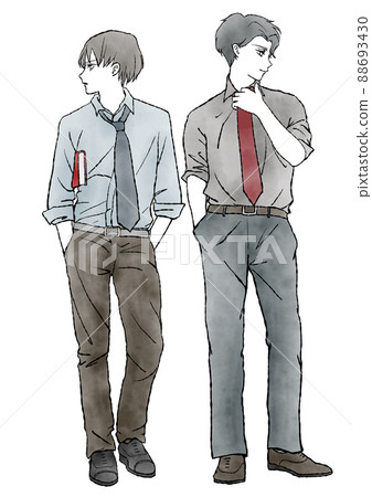 Manga-style hand-painted watercolor illustrations of men standing side by side in suits (for same-sex partners and business scenes) Manga-style hand-painted watercolor illustrations of men standing side by side in suits (for same-sex partners and business scenes) 88693430