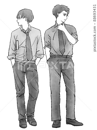 漫畫風格的手繪水彩插圖，男人穿著西裝並排站立（同性伴侶等，單色） 88693431