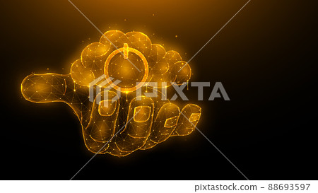 Polygonal illustration of a hand holding a cloud with a power symbol on a dark background. Cloud computing and data storage concept. 88693597