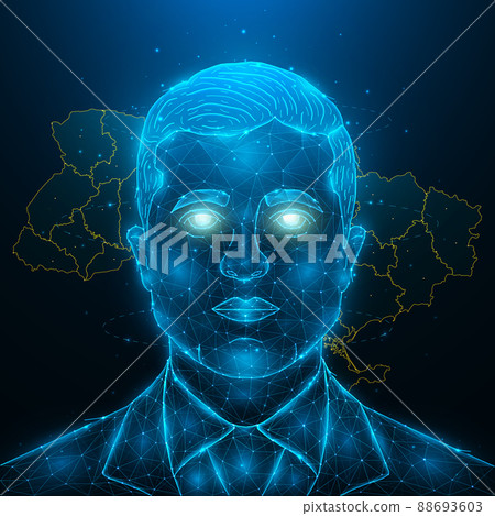 March 28, 2022. Volodymyr Zelensky, President of Ukraine polygonal vector illustration. Vector illustration on dark blue background March 28, 2022. Volodymyr Zelensky, President of Ukraine polygonal vector illustration. Vector illustration on dark blue background 88693603