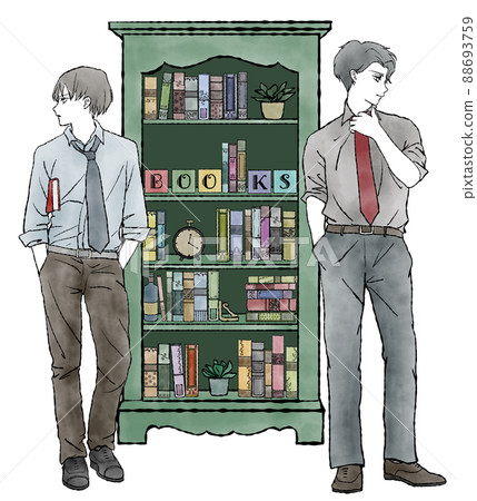 A bookshelf lined with antique books and a hand-painted watercolor illustration of two men in classical shades 88693759