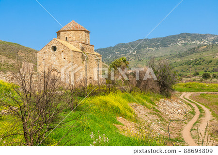 Ruins of Panagia tou Sinti ortodox Monastery with temple in the center, Troodos, Cyprus 88693809