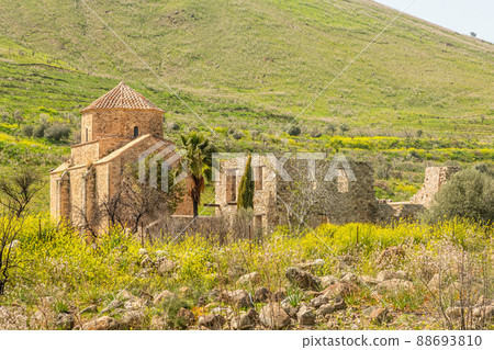 Ruins of Panagia tou Sinti ortodox Monastery with temple in the center, Cyprus 88693810