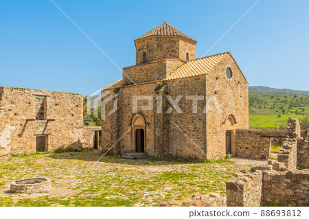 Ruins of Panagia tou Sinti ortodox Monastery with temple in the center, Cyprus 88693812