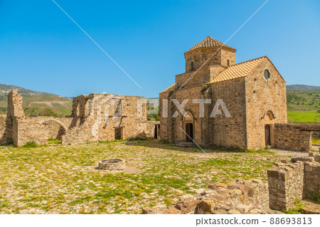 Ruins of Panagia tou Sinti ortodox Monastery with temple in the center, Cyprus Ruins of Panagia tou Sinti ortodox Monastery with temple in the center, Cyprus 88693813