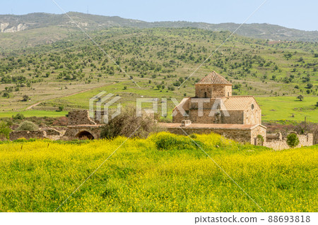 Ruins of Panagia tou Sinti ortodox Monastery with temple in the center, Troodos, Cyprus 88693818