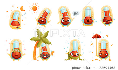 Cartoon Thermometer Character with Different Emotion Sleeping, Greeting and Crying Vector Set 88694368