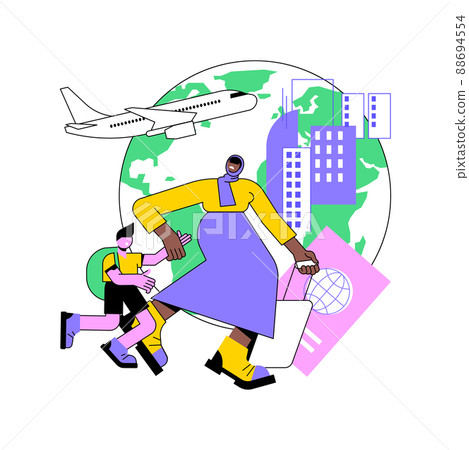 Female migrant abstract concept vector illustration. Female migrant worker, international marriage, philippine indian muslim woman, passport and documents, house cleaner, refugee abstract metaphor. 88694554