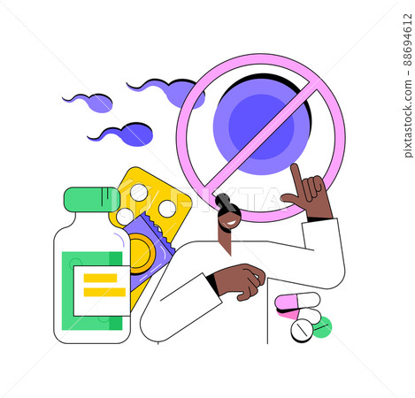 Contraception abstract concept vector illustration. Contraception methods, female condom, birth control pills, hormonal implant, gynecologist visit, applying patch, pregnancy abstract metaphor. 88694612