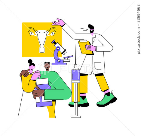 Assisted reproductive technology abstract concept vector illustration. Infertility procedures, womans egg, pregnancy test, sperm donation, reproductive medicine clinic abstract metaphor. 88694668