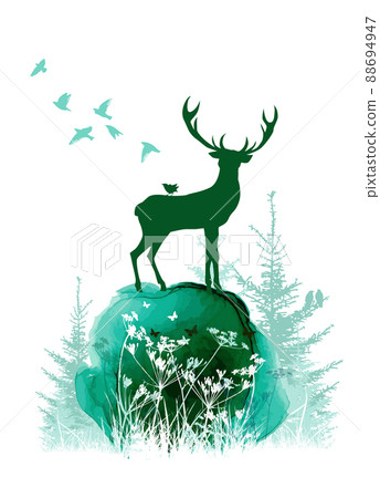 forest silhouette with deer and birds, green color, vector illustration forest silhouette with deer and birds, green color, vector illustration 88694947