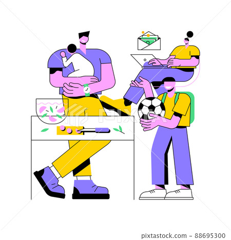 Stay-at-home dads abstract concept vector illustration. Stay-at-home father, house dad, taking kid to school, work home, breadwinner mom, parental leave, spend time with child abstract metaphor. 88695300