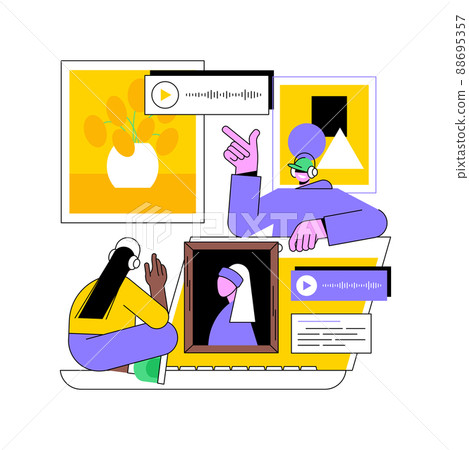 Virtual gallery tour abstract concept vector illustration. Free virtual gallery tour, piece of art, online exhibition experience, social distance, art therapy, online education abstract metaphor. 88695357