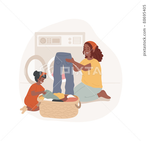 Help with laundry isolated cartoon vector illustration. Kids helping mom with laundry, mother and child loading washing machine together, family daily routine, house work vector cartoon. Help with laundry isolated cartoon vector illustration. Kids helping mom with laundry, mother and child loading washing machine together, family daily routine, house work vector cartoon. 88695405