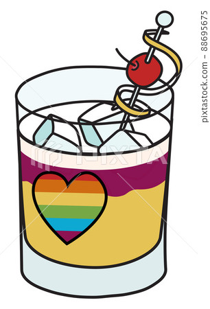 Sour layered cocktail with rainbow LGBT equality flag colors heart. For gay bar diversity pride party invitations, cards or stickers. Doodle cartoon illustration isolated on white Sour layered cocktail with rainbow LGBT equality flag colors heart. For gay bar diversity pride party invitations, cards or stickers. Doodle cartoon illustration isolated on white 88695675